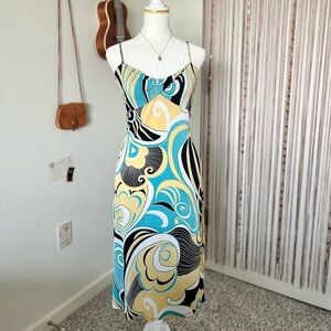 blue and yellow spaghetti strap swirl midi dress